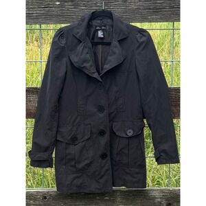 Bizz Girl Womens Black Button Front Utility Trench Jacket Puff Shoulder Size S/P